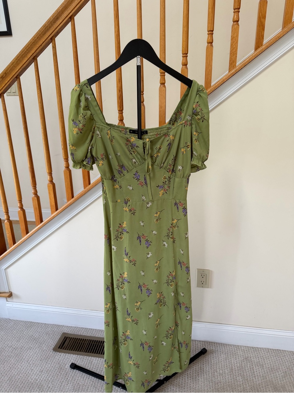 Olive Green Floral Maxi Dress with Puff Sleeves
